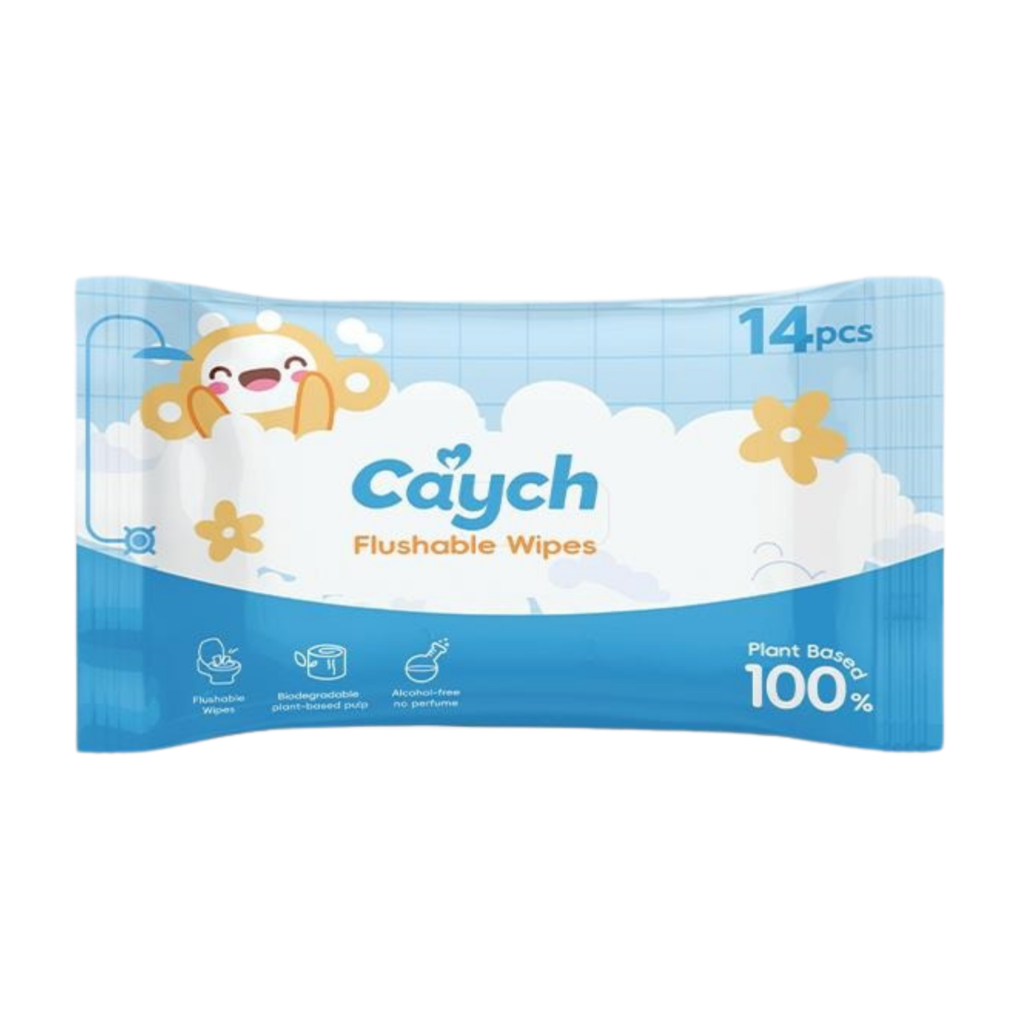 Caych® Flushable Wet Wipes - 98% Decomposable, pH 6.5 with Witch Hazel & Aloe, 60+14 Sheet Pack