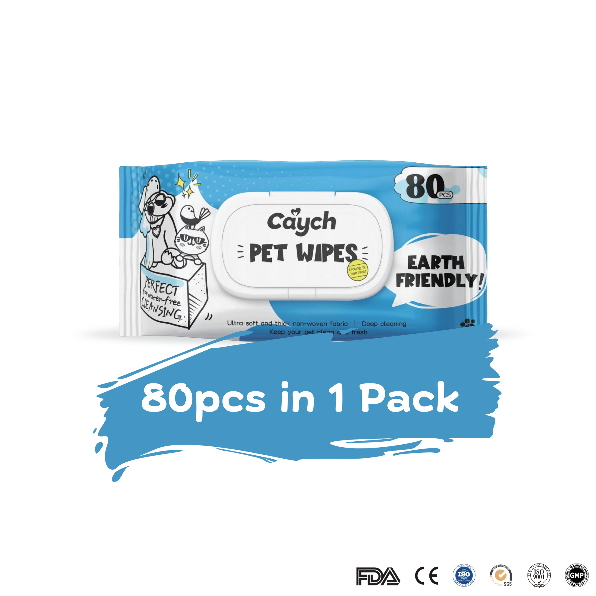 Caych® Pet Wipes - Deodorizing with Aloe & PHMB, EU REACH Certified, 80 Sheets