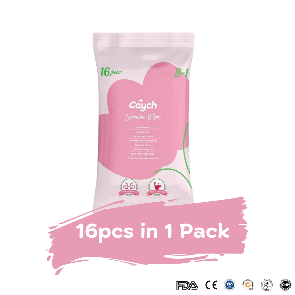 Caych® Flushable Feminine Wipes - pH-Balanced, Rose Scent with Vitamin E, 16 Sheets