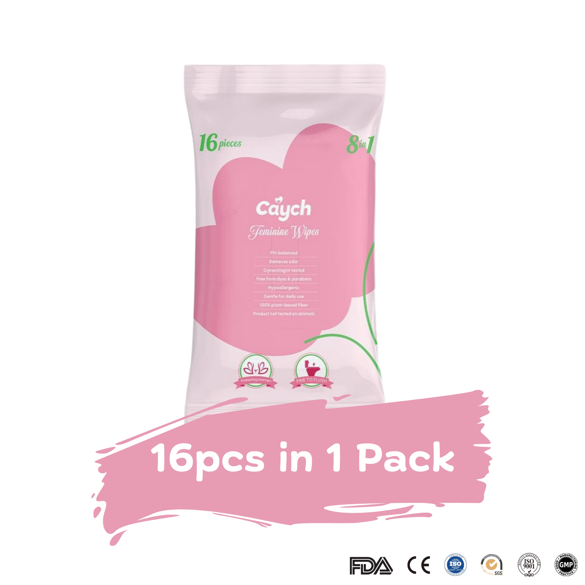 Caych® Flushable Feminine Wipes - pH-Balanced, Rose Scent with Vitamin E, 16 Sheets