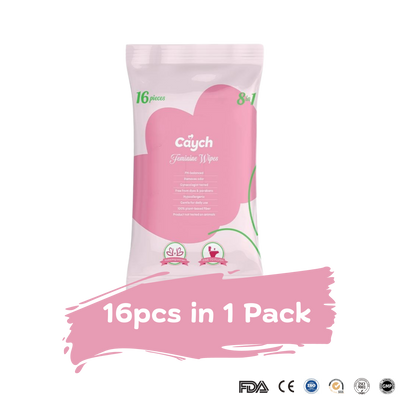 Caych® Flushable Feminine Wipes - pH-Balanced, Rose Scent with Vitamin E, 16 Sheets