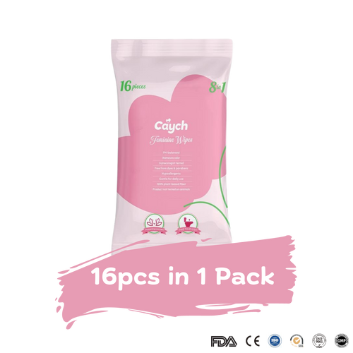 Caych® Flushable Feminine Wipes - pH-Balanced, Rose Scent with Vitamin E, 16 Sheets