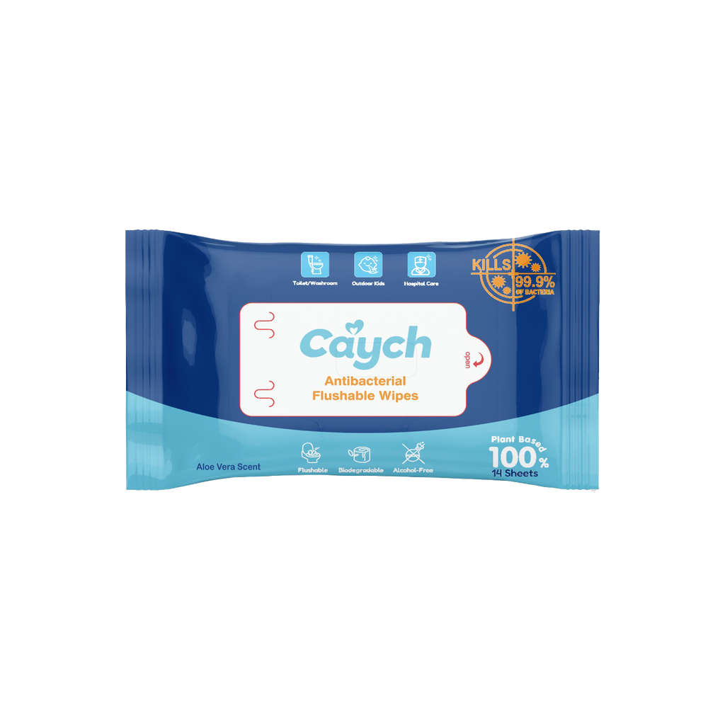 Caych® Flushable Wet  Wipes - 98% Decomposable, pH 6.5 with Witch Hazel & Aloe, 60+14 Sheet Pack