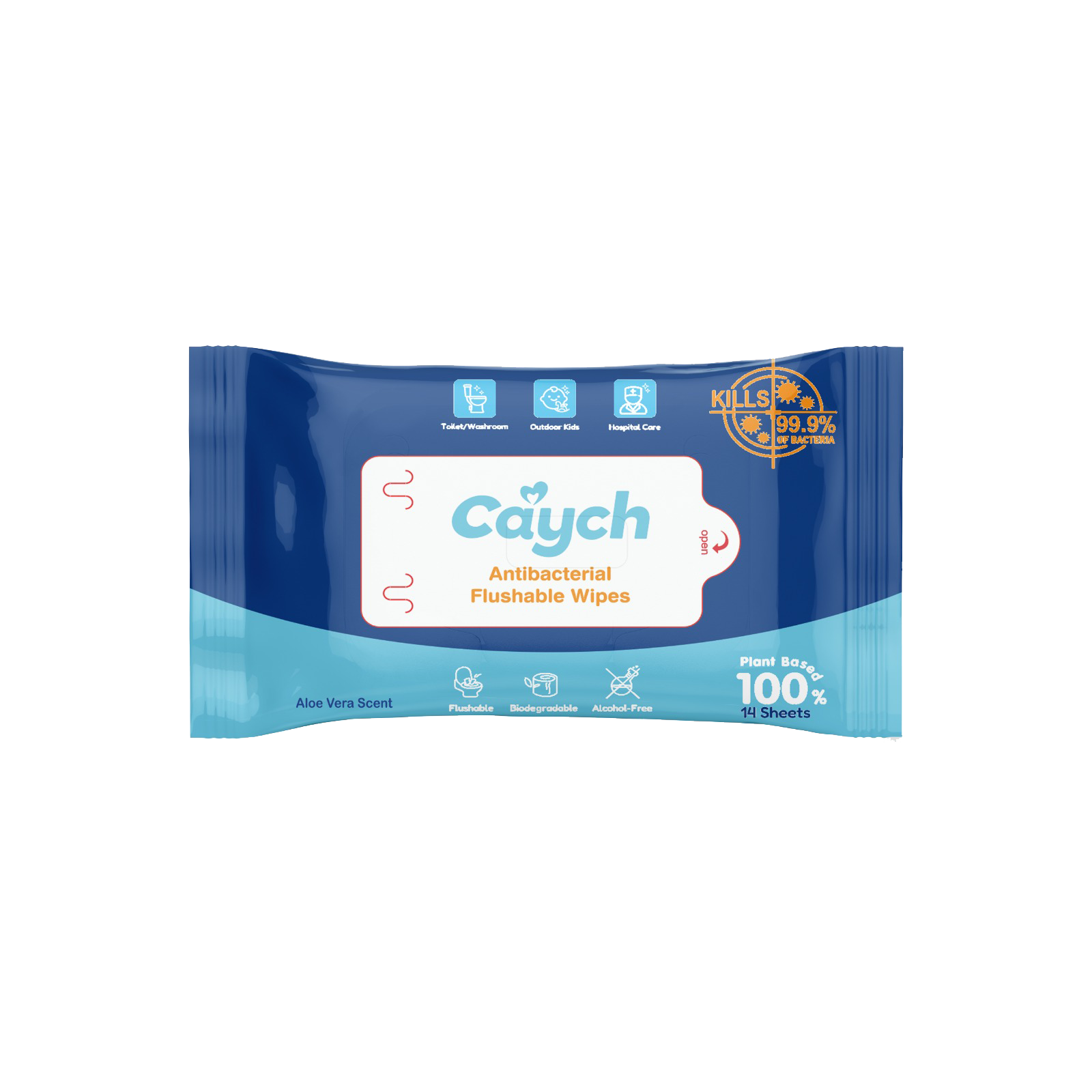 Caych® Flushable Wet  Wipes - 98% Decomposable, pH 6.5 with Witch Hazel & Aloe, 60+14 Sheet Pack