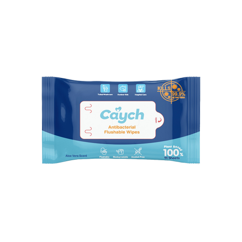 Caych® Flushable Wet  Wipes - 98% Decomposable, pH 6.5 with Witch Hazel & Aloe, 60+14 Sheet Pack