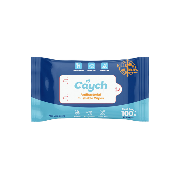 Caych® Flushable Wet  Wipes - 98% Decomposable, pH 6.5 with Witch Hazel & Aloe, 60+14 Sheet Pack