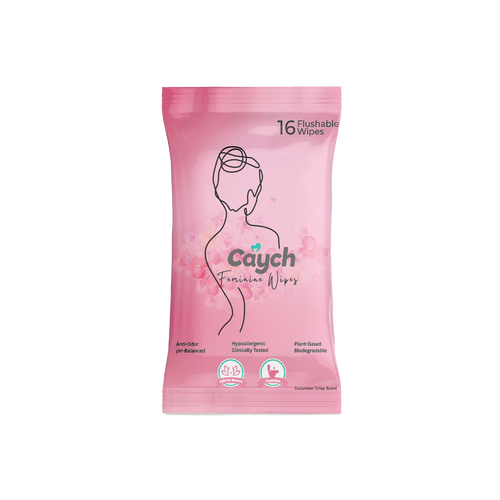 Caych® Flushable Feminine Wipes - pH-Balanced, Rose Scent with Vitamin E, 16 Sheets