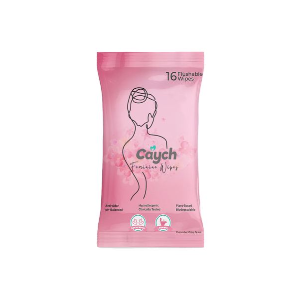 Caych® Flushable Feminine Wipes - pH-Balanced, Rose Scent with Vitamin E, 16 Sheets