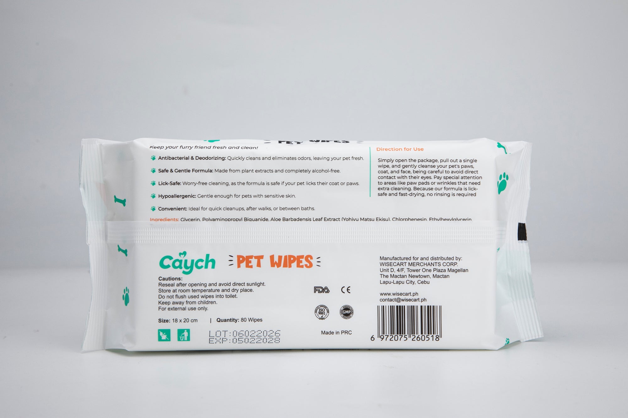 Caych® Pet Wipes - Deodorizing with Aloe & PHMB, EU REACH Certified, 80 Sheets