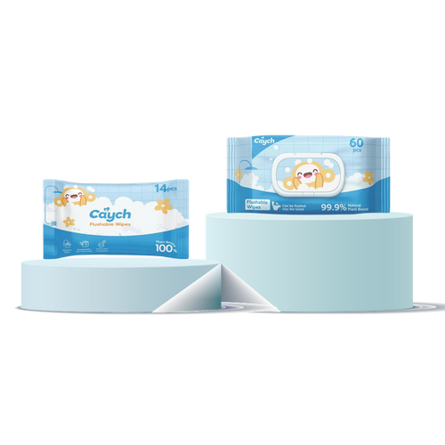 Caych® Flushable Wet  Wipes - 98% Decomposable, pH 6.5 with Witch Hazel & Aloe, 60+14 Sheet Pack