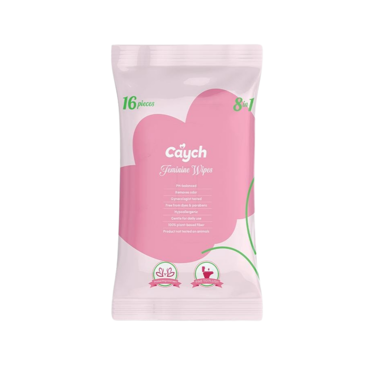 Caych® Flushable Feminine Wipes - pH-Balanced, Rose Scent with Vitamin E, 16 Sheets