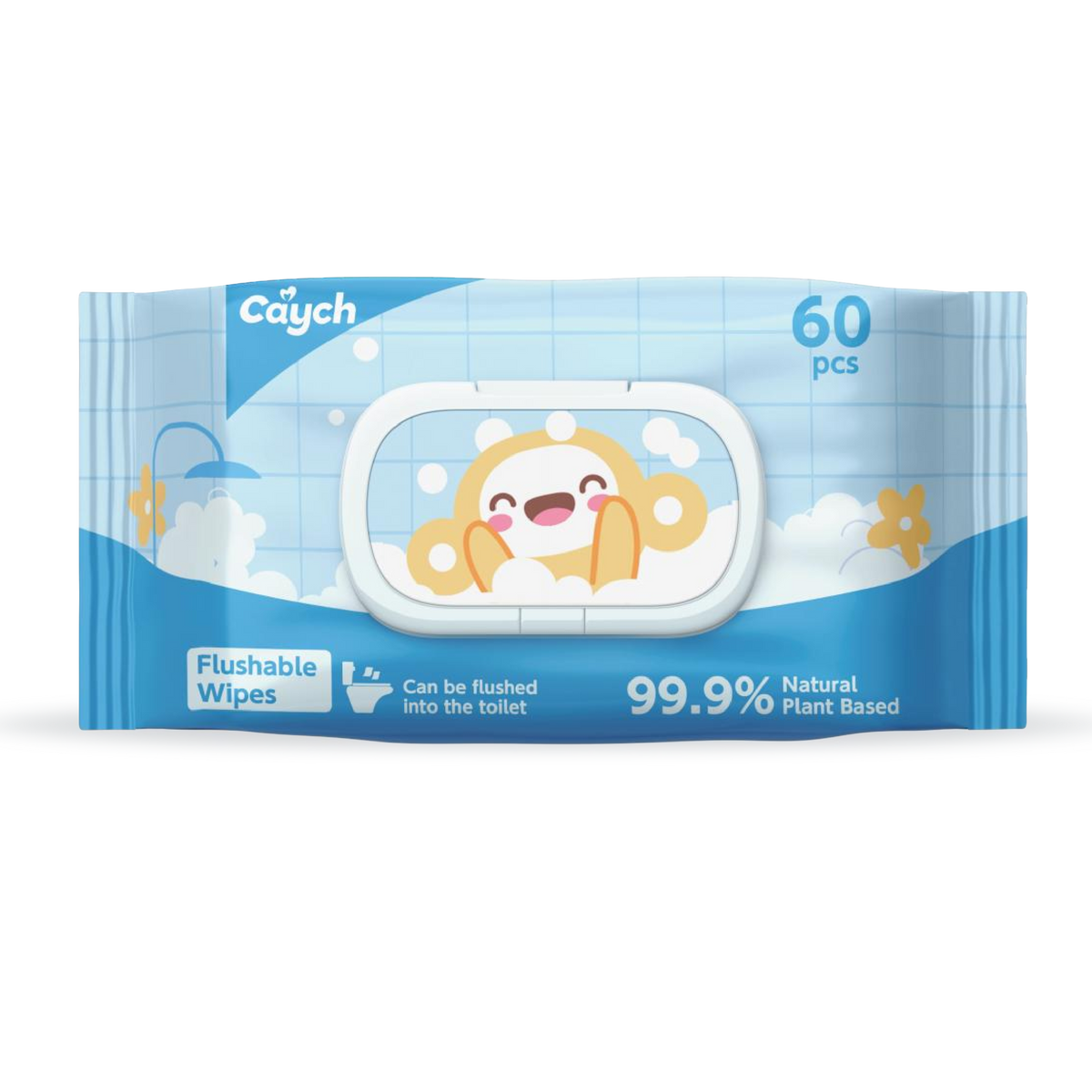 Caych® Flushable Wet  Wipes - 98% Decomposable, pH 6.5 with Witch Hazel & Aloe, 60+14 Sheet Pack