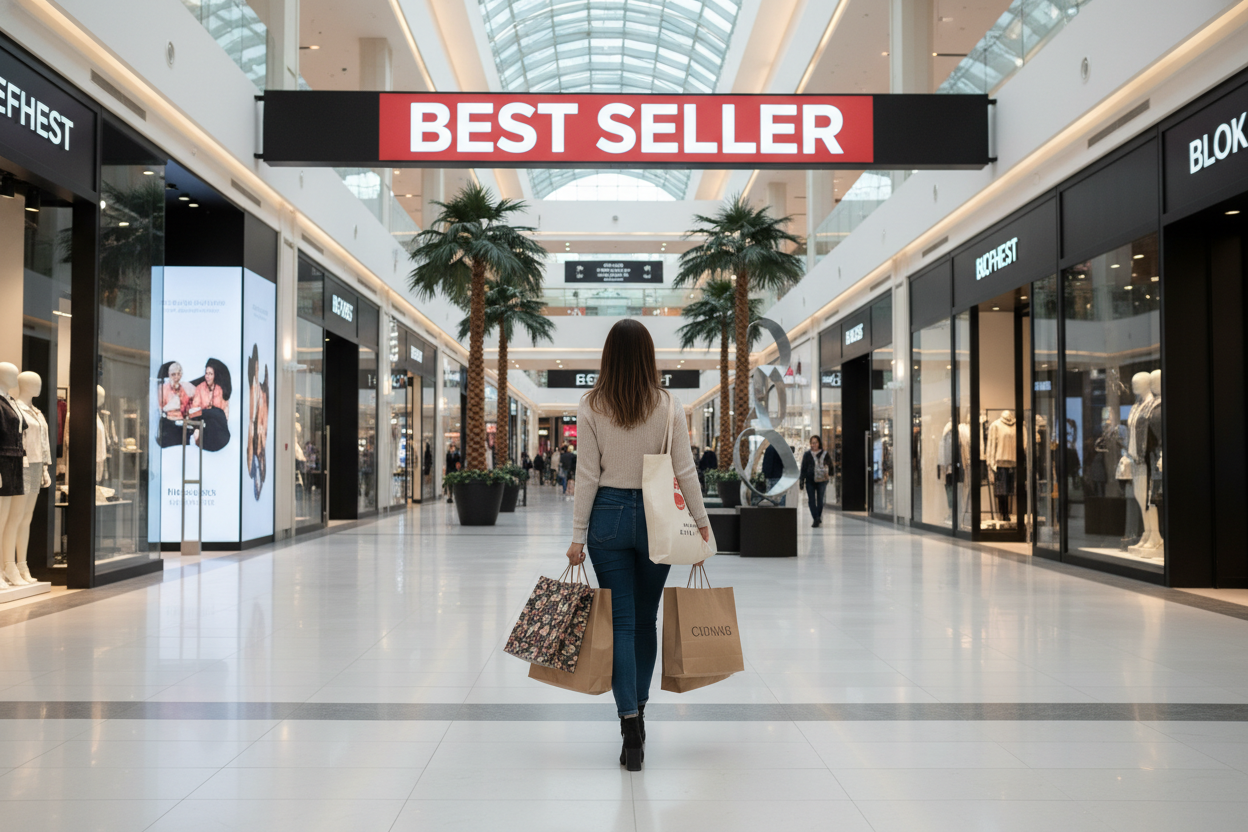 CREATE A BEST SELLER IN PORTRAIT A PERSON IN SHOPPING MALL WITH BACKGROUND WITH BEST SELLER TEXT DONT SHOW FACE