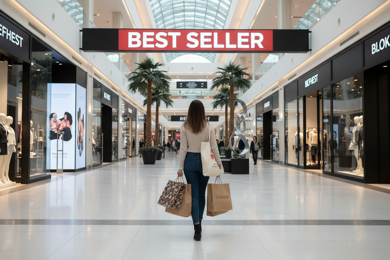 CREATE A BEST SELLER IN PORTRAIT A PERSON IN SHOPPING MALL WITH BACKGROUND WITH BEST SELLER TEXT DONT SHOW FACE